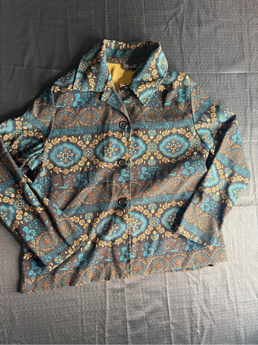 Vintage Wayne R Paisley Geometric Print Jacket Teal Boho Whimsigoth 0153
